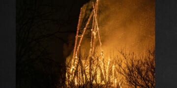 The tower of the Vondelkerk church burns early New Year's Day in Amsterdam.