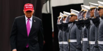 President Donald Trump walks the field prior to addressing graduates of the United States Military Academy at West Point in Michie Stadium on May 24, 2025, in West Point, New York.