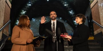 New York Mayor Zohran Mamdani is sword in in the former City Hall subway station on Jan. 1, 2026.