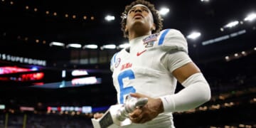 Trinidad Chambliss #6 of the Ole Miss Rebels holds the offensive player of the game trophy after defeating the Georgia Bulldogs during the 2025 College Football Playoff Quarterfinal at the Allstate Sugar Bowl at Caesars Superdome Thursday in New Orleans, Louisiana.