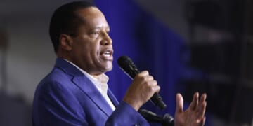 Republican radio talk show host Larry Elder speaks to guests at Ashley's BBQ Bash hosted by Rep. Ashley Hinson on Aug. 6, 2023, in Cedar Rapids, Iowa.