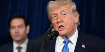President Donald Trump speaks to the press as Secretary of State Marco Rubio looks on following U.S. military actions in Venezuela at his Mar-a-Lago residence in Palm Beach, Florida, on Jan. 3, 2026.