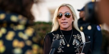 Rep. Marjorie Taylor Greene speaks to reporters while arriving at the Capitol Hill Club for a meeting of the House Republican Conference on March 25, 2025, in Washington, D.C.
