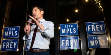 Minneapolis Mayor Jacob Frey speaks at an election night party on Nov. 4, 2025, in Minneapolis, Minnesota.