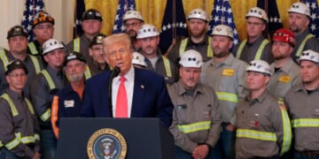President Donald Trump speaks alongside coal and energy workers during an executive order signing ceremony in the East Room of the White House on April 8, 2025, in Washington, D.C.