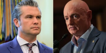 War Secretary Pete Hegseth, left, said the video that Sen. Mark Kelly, right, an Arizona Democrat, participated in was "reckless and seditious" and "was clearly intended to undermine good order and military discipline."