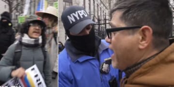 A Venezuelan, right, confronts pro-Maduro protesters, left, as New York Police Department officers try to separate the two groups.