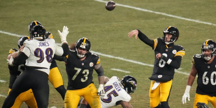 Pittsburgh Steelers quarterback Aaron Rodgers throws during the second half of an NFL football game against the Baltimore Ravens on Jan. 4, 2026, in Pittsburgh, Pennsylvania.
