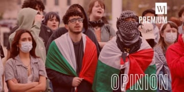 Pro-Palestinian demonstrators gather at the University of Michigan campus in Ann Arbor, Michigan, on April 21, 2025. No such protests have broken out in support of Iranians, despite thousands of civilians reported killed by their government.