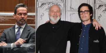 Defense attorney Alan Jackson, left, abruptly withdrew from representing Nick Reiner, seen at far right with his father, Rob Reiner. The younger Reiner is accused in the Dec. 14 stabbing deaths of his parents, but Jackson flatly declared, "Pursuant to the law in California, Nick Reiner is not guilty of murder."