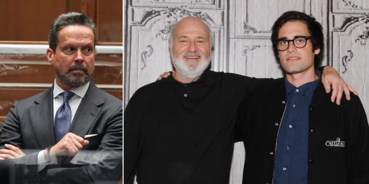 Defense attorney Alan Jackson, left, abruptly withdrew from representing Nick Reiner, seen at far right with his father, Rob Reiner. The younger Reiner is accused in the Dec. 14 stabbing deaths of his parents, but Jackson flatly declared, "Pursuant to the law in California, Nick Reiner is not guilty of murder."