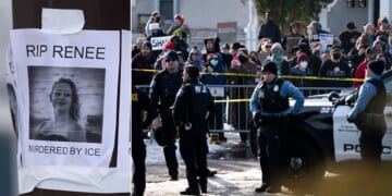 Posters, left, depict Renee Good as an innocent martyr, as crowds, right, confront Minneapolis Police officers holding a perimeter after Good's fatal shooting Wednesday by an ICE agent during federal law enforcement operations in Minneapolis, Minnesota. New video shows Good and her lesbian partner aggressively taunting officers shortly before she was shot while steering her car at a federal agent.