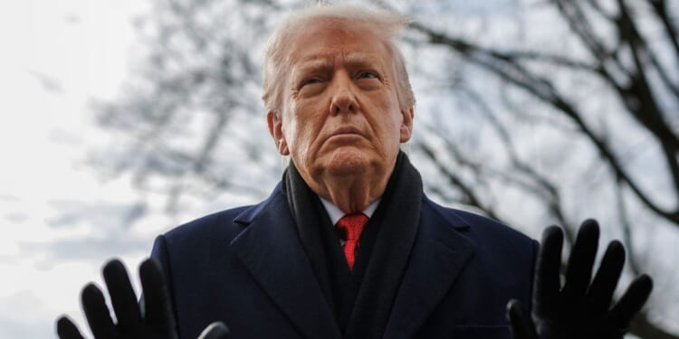 President Donald Trump speaks to reporters on the South Lawn of the White House in Washington, DC before boarding Marine One on Jan. 16, 2026.
