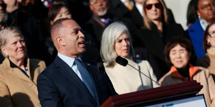 House Minority Leader Hakeem Jeffries and fellow Democratic leaders hold a media availability on the East Front Steps of U.S. Capitol on Dec. 18, 2025, in Washington, D.C.