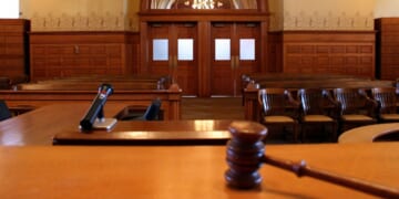 The inside of an empty courtroom.