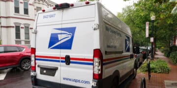 A United States Postal Service truck is parked while out for mail delivery on May 31, 2025, in Washington, D.C.