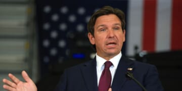 Florida Gov. Ron DeSantis speaks during a news conference held at the ICE Enforcement and Removal Operation office on May 1, 2025, in Miramar, Florida.