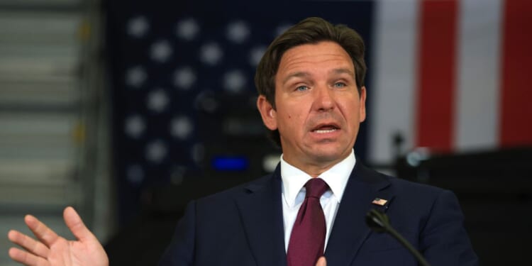 Florida Gov. Ron DeSantis speaks during a news conference held at the ICE Enforcement and Removal Operation office on May 1, 2025, in Miramar, Florida.