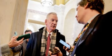 GOP Sen. Tommy Tuberville of Alabama, seen speaking to reporters Tuesday at the U.S. Capitol, was one of the Republicans who opposed advancing the funding package.