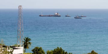 Tugboats mobilize the Crude Oil Tanker President, anchored in Pampatar Bay near Margarita Island, Nueva Esparta state, Venezuela, on Jan. 19, 2024.