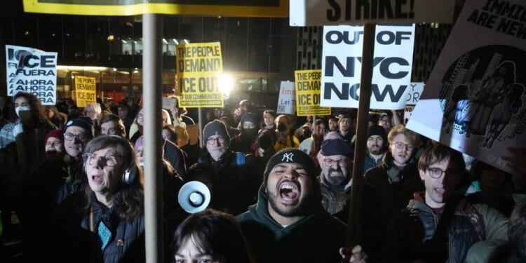 People take part in a protest against Immigration and Customs Enforcement in New York on Jan. 7, 2026, after an ICE officer fatally shot a woman in Minneapolis.