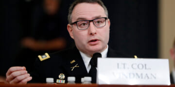 National Security Council aide Lt. Col. Alexander Vindman testifies before the House Intelligence Committee on Capitol Hill in Washington, D.C., on Nov. 19, 2019.