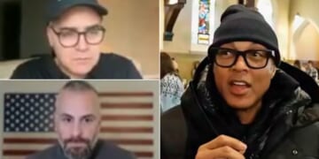 Leftist podcaster Jim Acosta, top left, told Michael Fanone, bottom left, that Don Lemon was arrested simply because he's black.