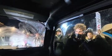 Independent journalists Nick Sortor and Cam Higby were surrounded by a mob that spray-painted their truck and smashed their windows with frozen water bottles as the two fled.