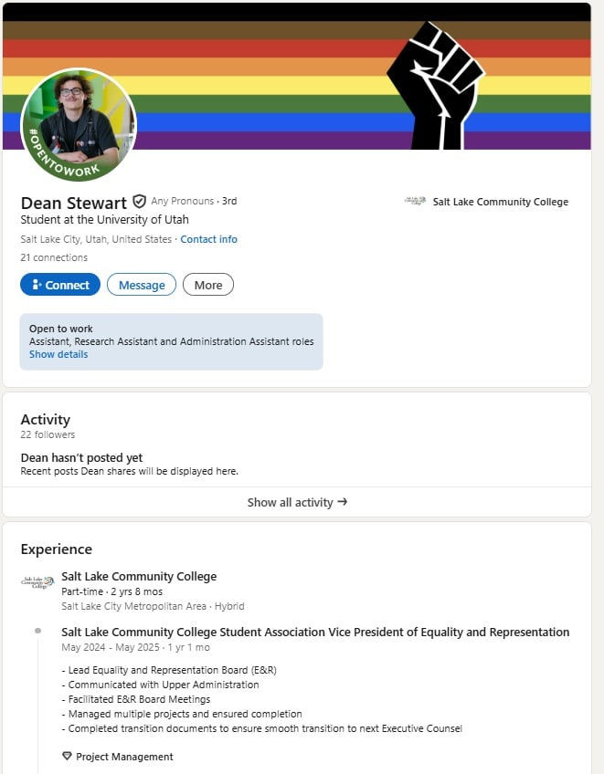 LinkedIn page of Dean Stewart