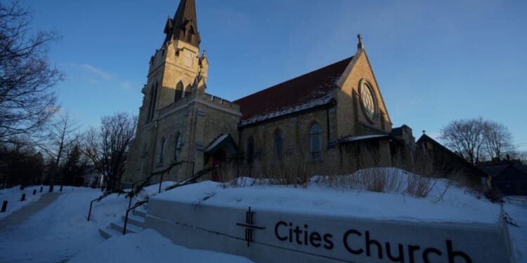 Cities Church where anti-ICE agitators disrupted and ended a church service via intimidation and protesting, causing several children present to cry in terror, in St. Paul, Minnesota, on Jan. 19, 2026.
