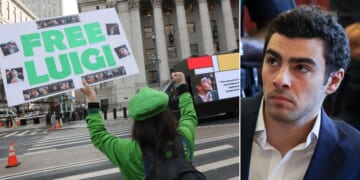 An unidentified supporter, left, is seen demonstrating on Jan. 9 for the release of Luigi Mangione, right, accused of fatally shooting UnitedHealthcare CEO Brian Thompson on Dec. 4, 2024. Another Mangione supporter was arrested Thursday for allegedly posing as an FBI officer demanding the suspect's release. (Michael M. Santiago / Getty Images; Shannon Stapleton - pool / Getty Images)