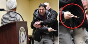 Anthony Kazmierczak is tackled after spraying a substance - later identified as vinegar - at Democratic Rep. Ilhan Omar of Minnesota, left, during a town hall she was hosting Wednesday in Minneapolis.