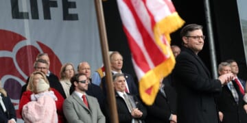 Speaker of the House Mike Johnson applauds on stage alongside fellow Republican lawmakers during the annual March for Life rally on the National Mall on Jan. 23, 2026, in Washington, D.C.
