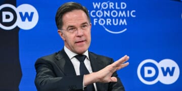 NATO Secretary General Mark Rutte gestures as he speaks during the World Economic Forum annual meeting in Davos on Jan. 21, 2026.