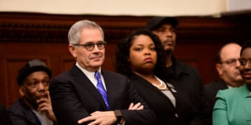 Philadelphia District Attorney Larry Krasner reacts while being mentioned by Danielle Outlaw at a news conference announcing her as the new Police Commissioner on Dec. 30, 2019, in Philadelphia, Pennsylvania.