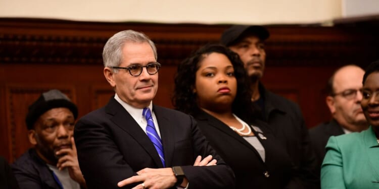Philadelphia District Attorney Larry Krasner reacts while being mentioned by Danielle Outlaw at a news conference announcing her as the new Police Commissioner on Dec. 30, 2019, in Philadelphia, Pennsylvania.