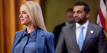 Attorney General Pam Bondi and FBI Director Kash Patel arrive for a news conference on an arrest of a suspect in the Jan. 6 pipe bombing case at the Department of Justice on Dec. 4, 2025, in Washington, D.C.