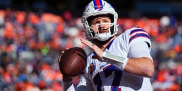 Buffalo Bills quarterback Josh Allen throws a warmup pass before his Jan. 17 playoff game against the Denver Broncos.