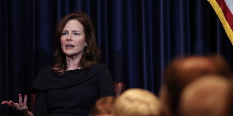 Supreme Court Justice Amy Coney Barrett speaks at the Reagan Library on Sept. 9, 2025, in Simi Valley, California.