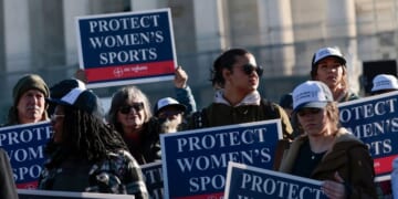 Protesters against transgender athletes competing in women's sports gather outside the Supreme Court on Jan. 13, 2026, in Washington, D.C.