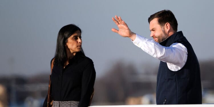 Vice President JD Vance and Second Lady Usha Vance exit Air Force One at Joint Base Andrews, Maryland on Dec. 16, 2025.