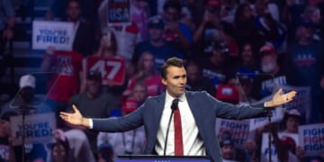Turning Point USA founder Charlie Kirk speaks during a campaign rally for President Donald Trump at Desert Diamond Arena on Aug. 23, 2024, in Glendale, Arizona.