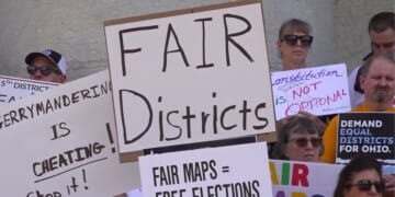 This photo taken from video shows organizers rallying outside of the Ohio Statehouse to protest gerrymandering and advocate for lawmakers to draw fair maps in Columbus, Ohio, on Sept. 17, 2025.