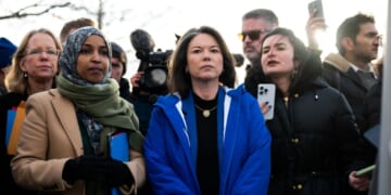 Rep. Ilhan Omar and Rep. Angie Craig arrive outside of the regional ICE headquarters at the Bishop Henry Whipple Federal Building on Jan. 10, 2026, in Minneapolis, Minnesota.