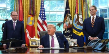 President Donald Trump announces plans for the 2026 G20 summit as Treasury Secretary Scott Bessent and National Economic Council Director Kevin Hassett look on during a press availability in the Oval Office of the White House on Sept. 5, 2025, in Washington, D.C.