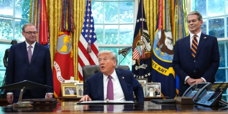 President Donald Trump announces plans for the 2026 G20 summit as Treasury Secretary Scott Bessent and National Economic Council Director Kevin Hassett look on during a press availability in the Oval Office of the White House on Sept. 5, 2025, in Washington, D.C.