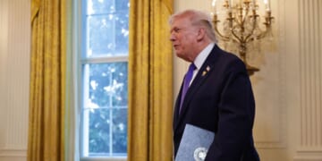 President Donald Trump arrives to a meeting with oil and gas executives in the East Room of the White House on Jan. 9, 2026, in Washington, D.C.