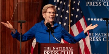 Sen. Elizabeth Warren holds a discussion at the National Press Building on Jan. 12, 2026, in Washington, D.C.