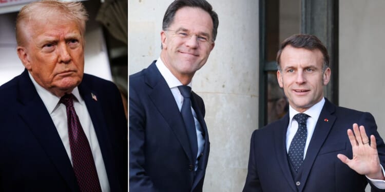 President Donald Trump shared text messages from NATO Secretary-General Mark Rutte and French President Emmanuel Macron, below right, as he prepared to leave for Davos, Switzerland, to meet with world leaders.