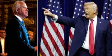 President Donald Trump, right, told followers in a social media post that Minnesota Democrats (including Gov. Tim Walz, left,) "love the unrest that anarchists and professional agitators are causing because it gets the spotlight off of the 19 Billion Dollars that was [stolen] by really bad and deranged people."